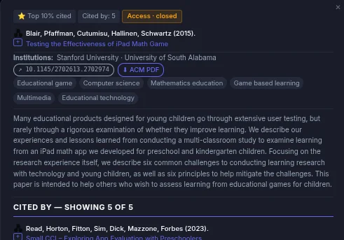 Work explorer showing article details and citation network